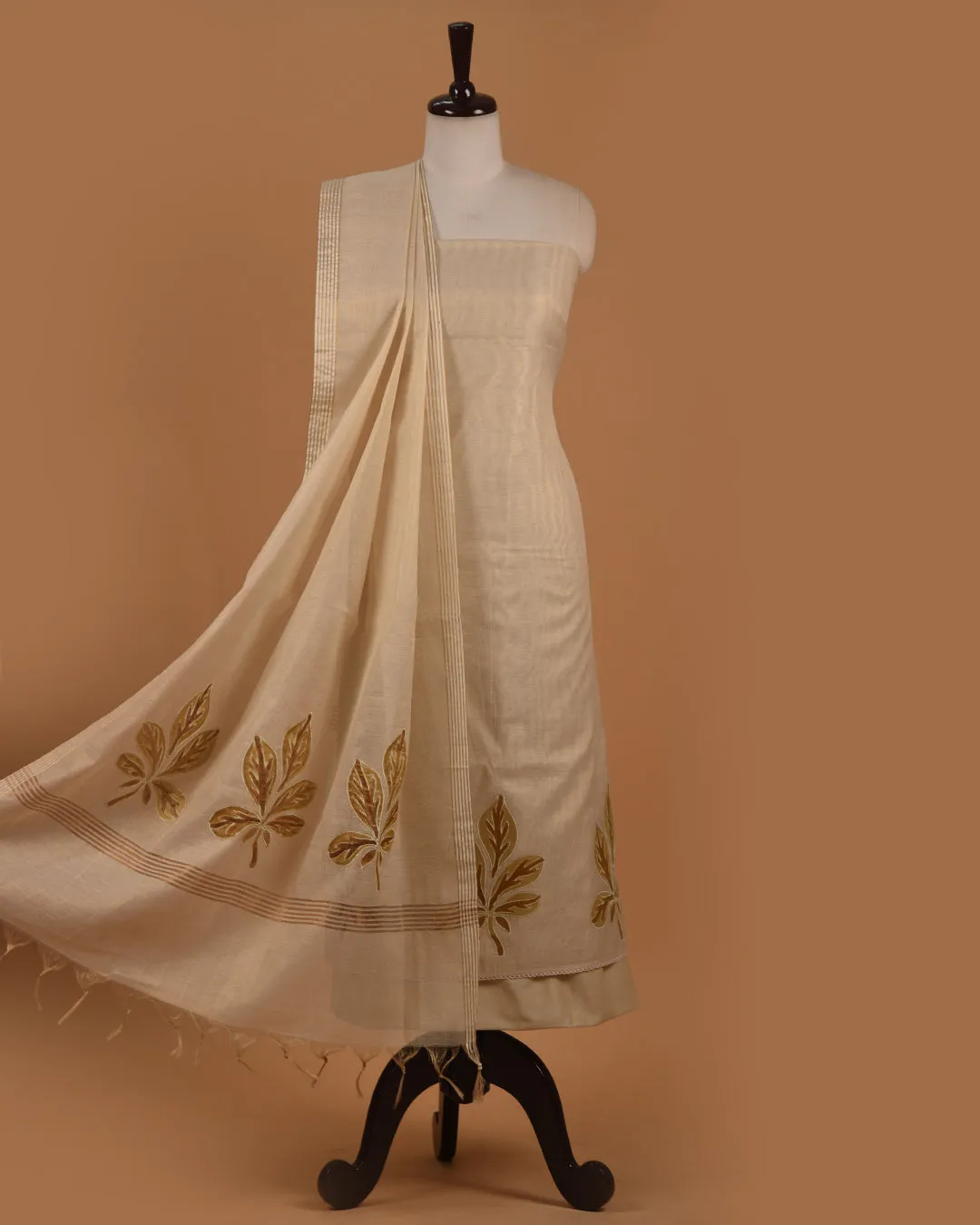 Light Beige Chanderi Tissue Blend Embroidered Unstitched Suit Fabric Set WIth Chanderi Tissue Dupatta