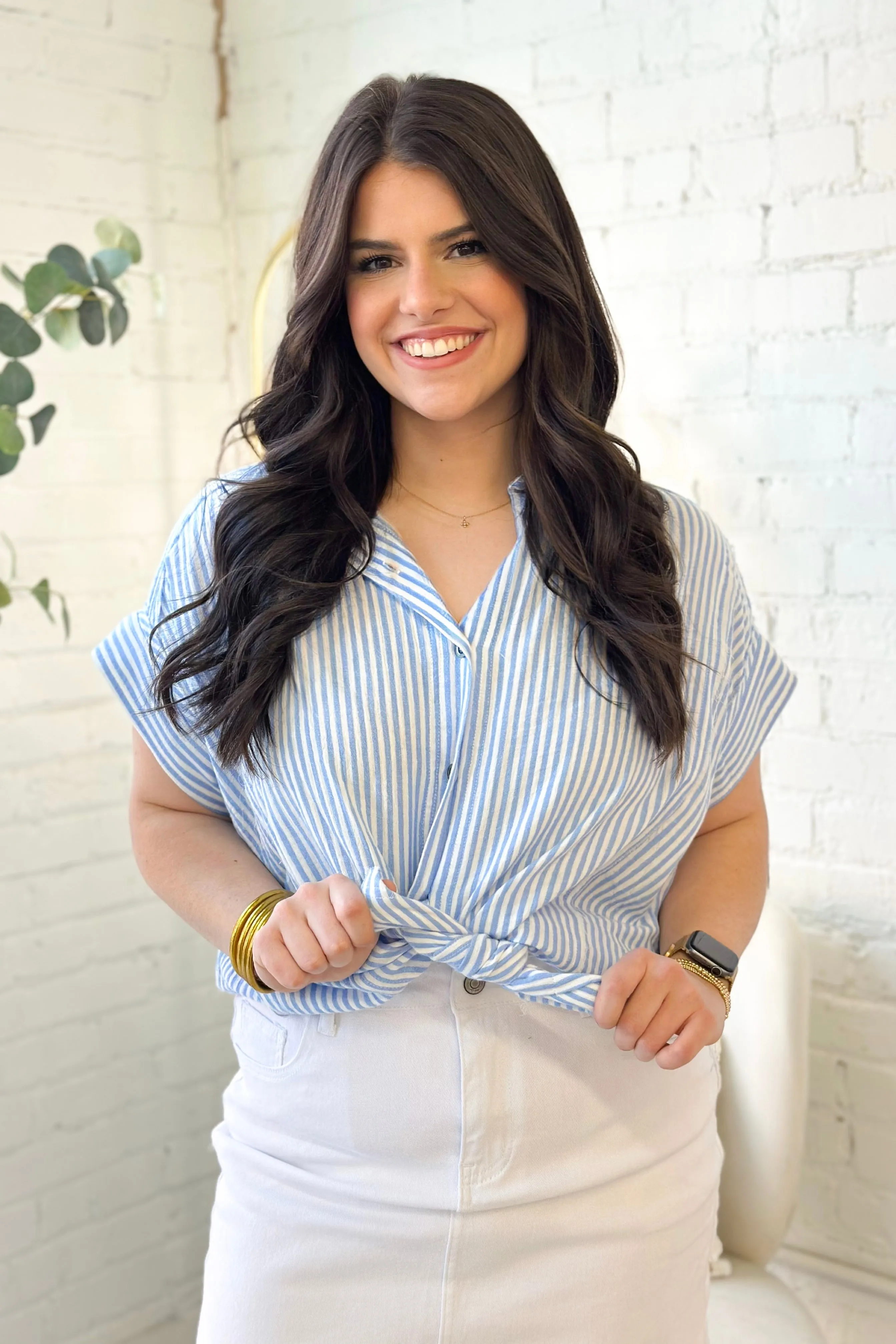 Light Blue and White Striped Button Up Top