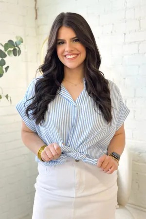 Light Blue and White Striped Button Up Top