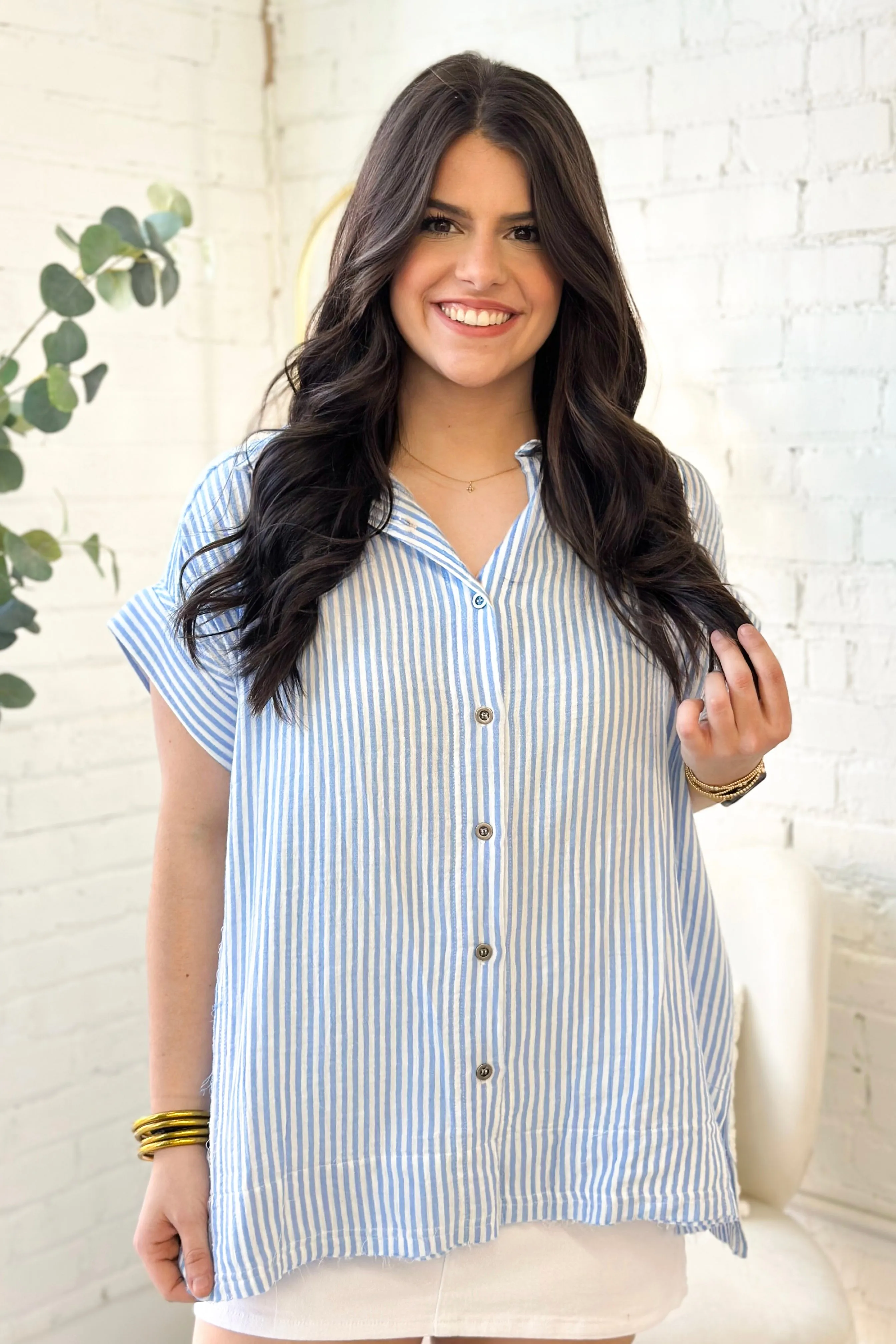 Light Blue and White Striped Button Up Top