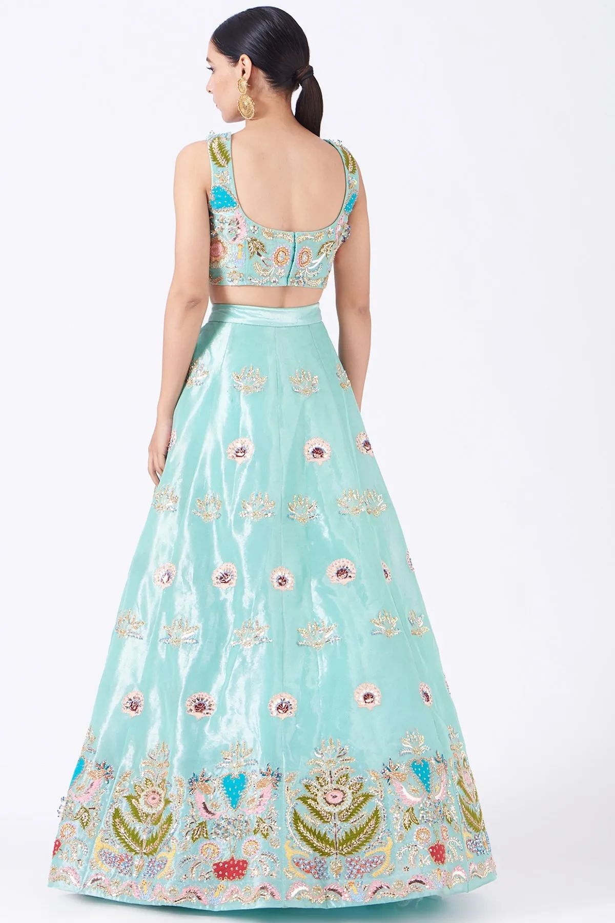 Light Blue Juna Tissue Appliquéd And Embellished Lehenga With Blouse And Cutwork Tissue Dupatta