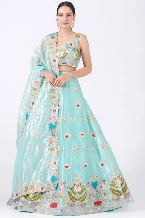 Light Blue Juna Tissue Appliquéd And Embellished Lehenga With Blouse And Cutwork Tissue Dupatta