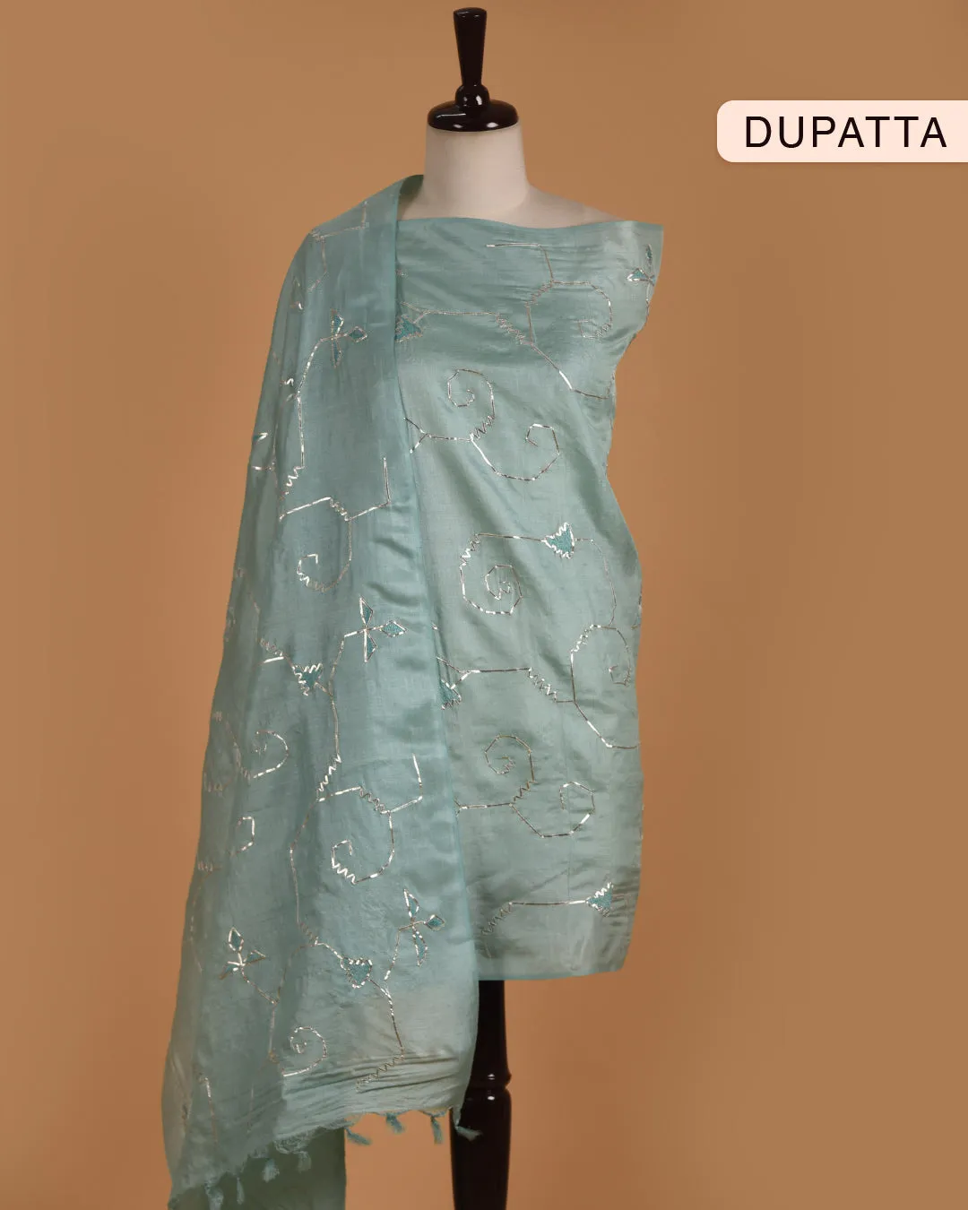 Light Blue Tussar Embroidered Unstitched Suit Fabric Set With Tussar Silk Embroidered Dupatta