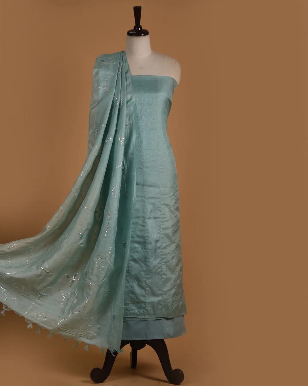 Light Blue Tussar Embroidered Unstitched Suit Fabric Set With Tussar Silk Embroidered Dupatta