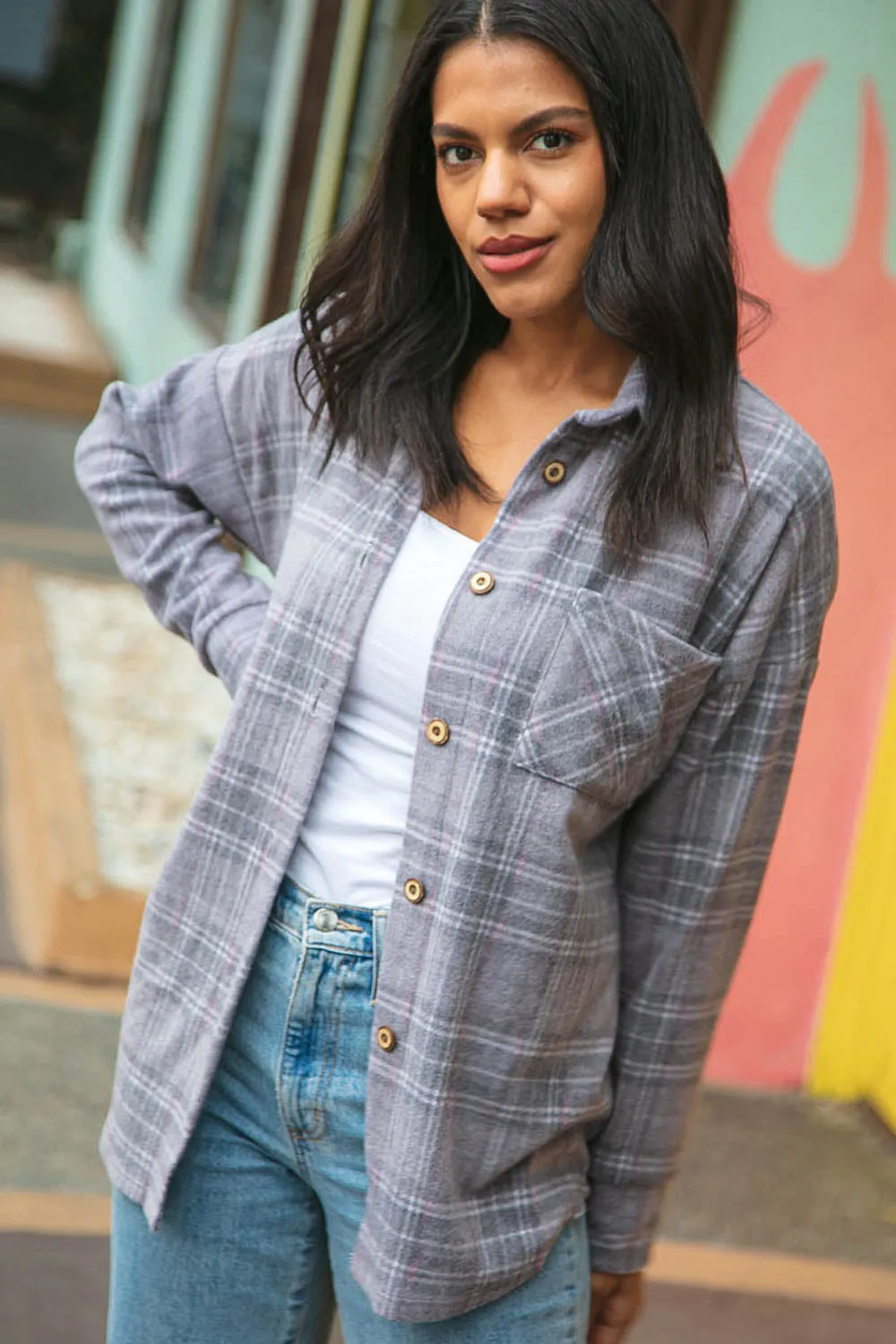 Light Grey Brushed Hacci Plaid Button Down Jacket
