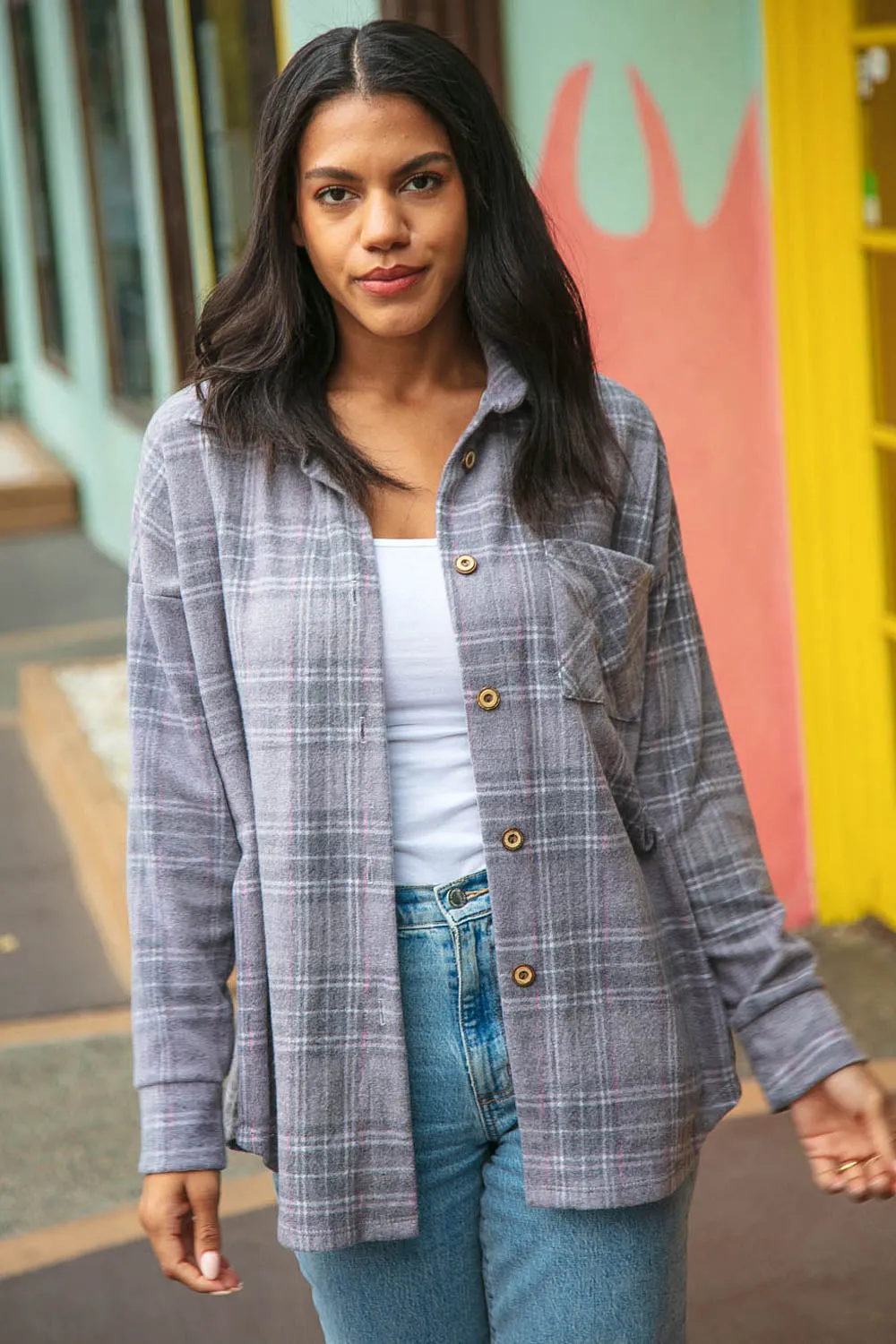 Light Grey Brushed Hacci Plaid Button Down Jacket
