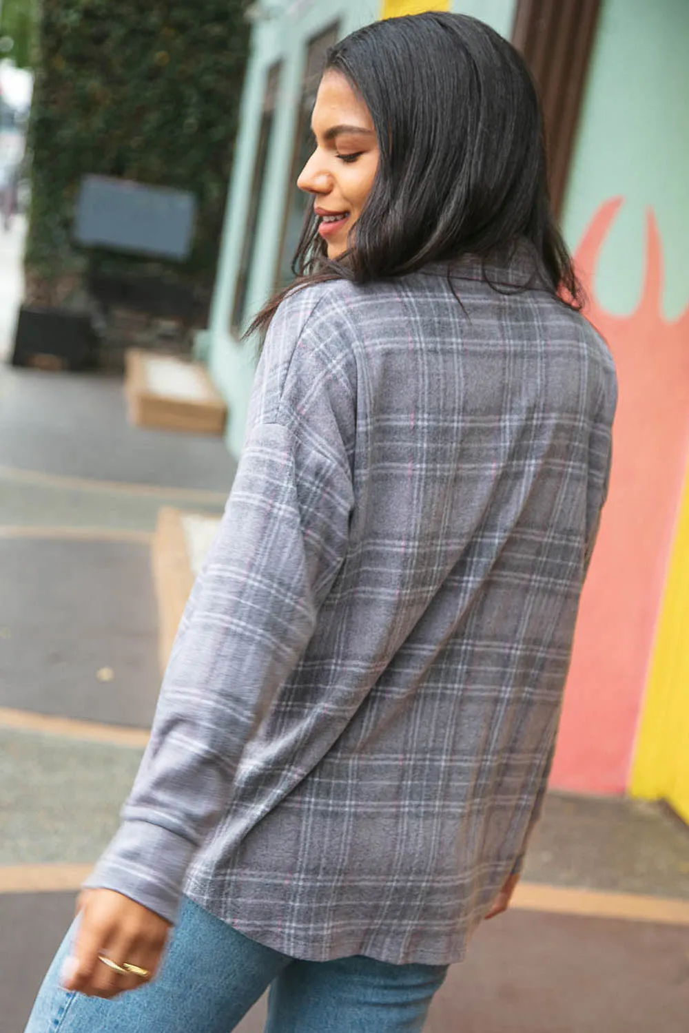 Light Grey Brushed Hacci Plaid Button Down Jacket