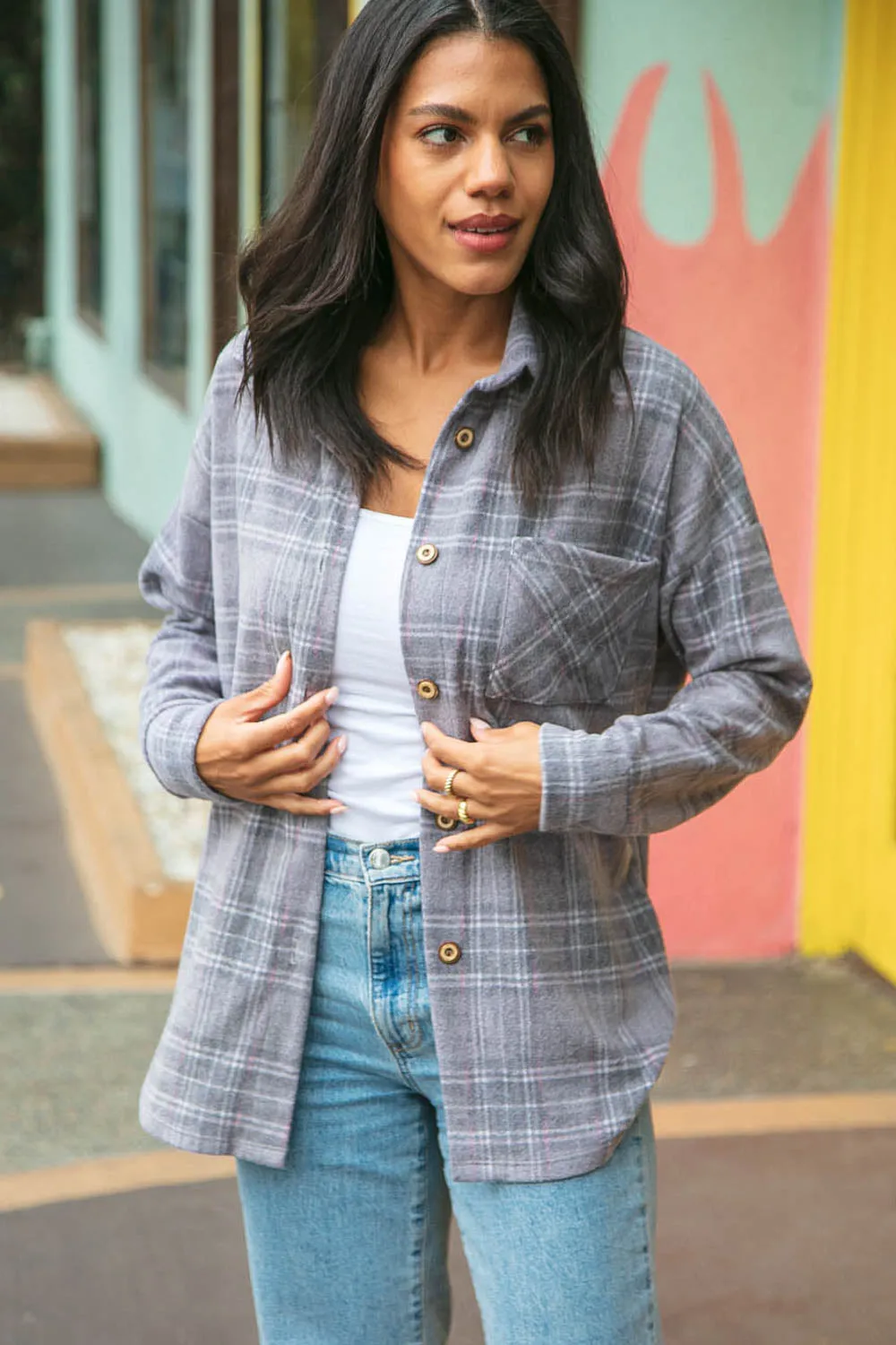 Light Grey Brushed Hacci Plaid Button Down Jacket