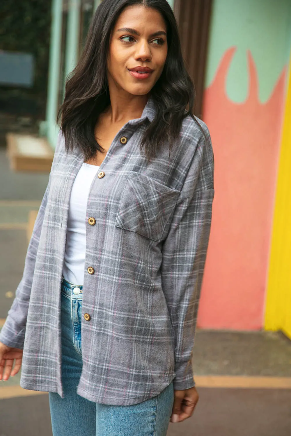 Light Grey Brushed Hacci Plaid Button Down Jacket