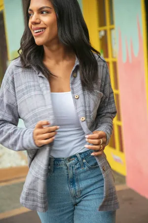 Light Grey Brushed Hacci Plaid Button Down Jacket