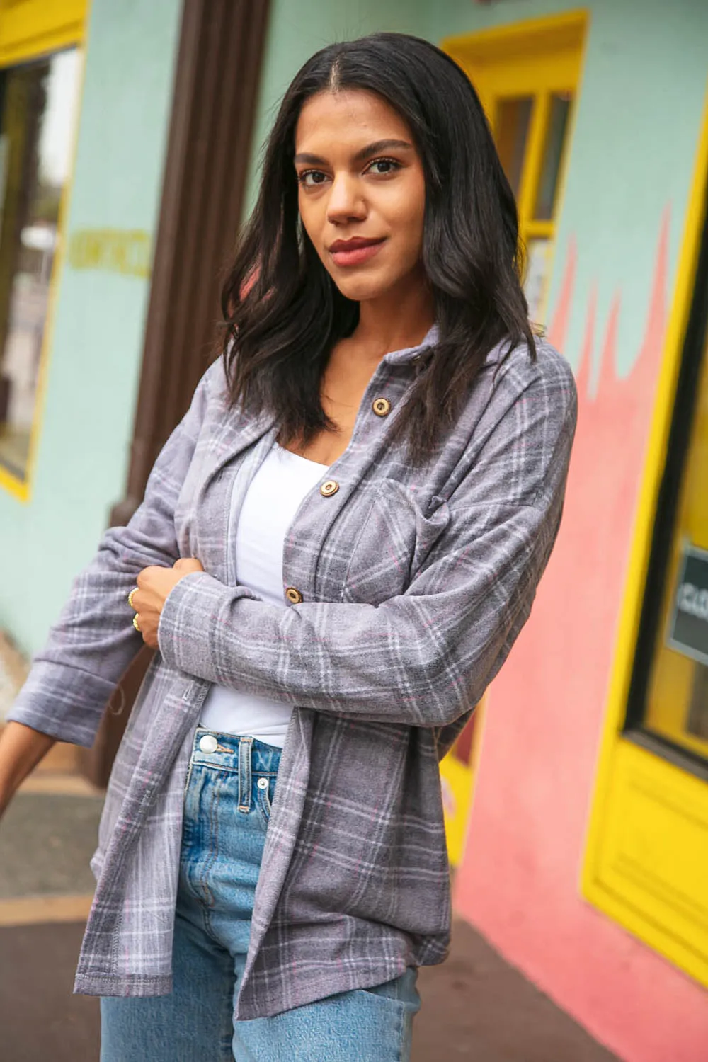 Light Grey Brushed Hacci Plaid Button Down Jacket