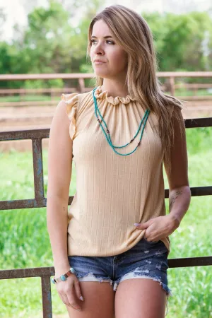 Light Mustard Rib Knit Ruffle Sleeveless Top