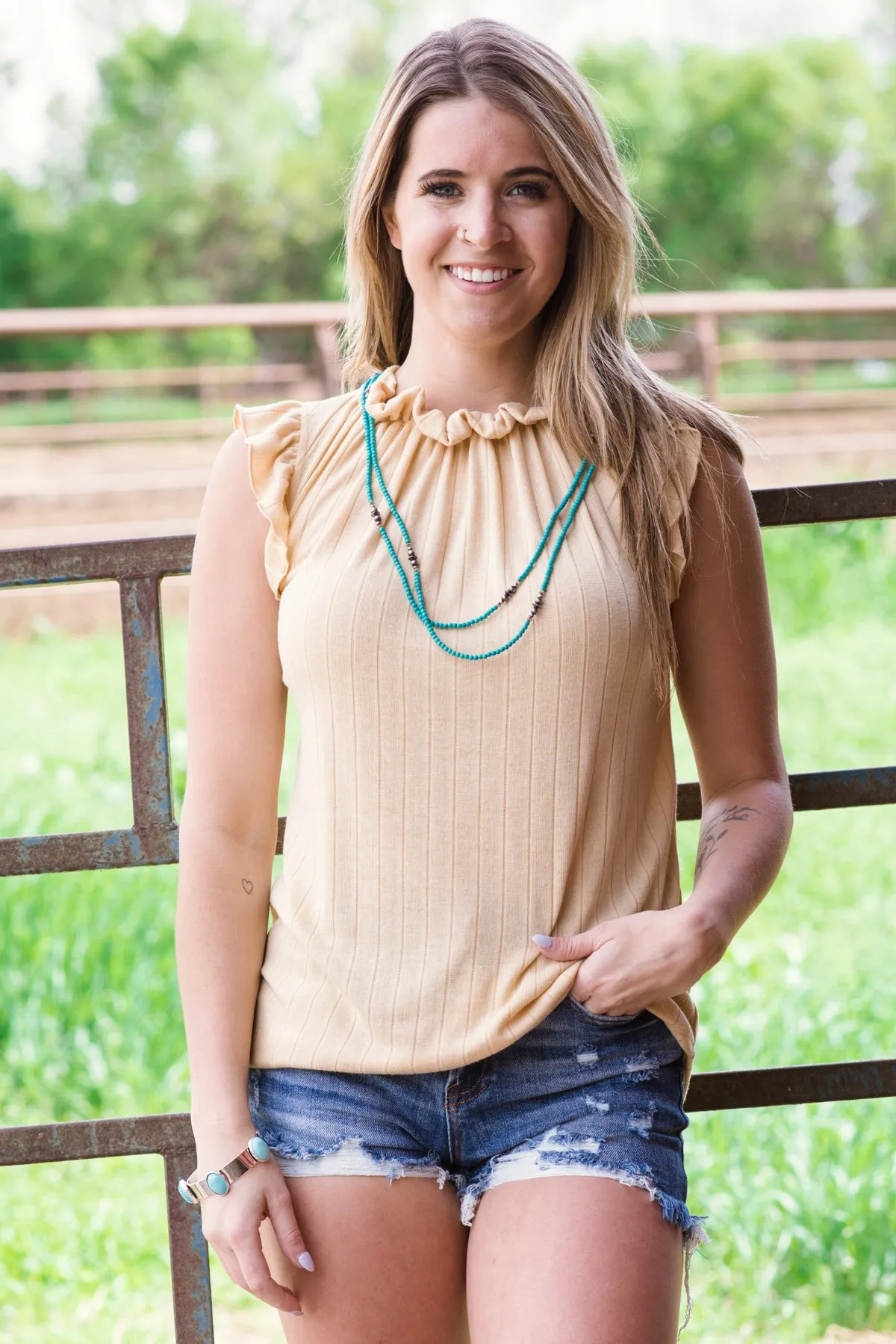 Light Mustard Rib Knit Ruffle Sleeveless Top
