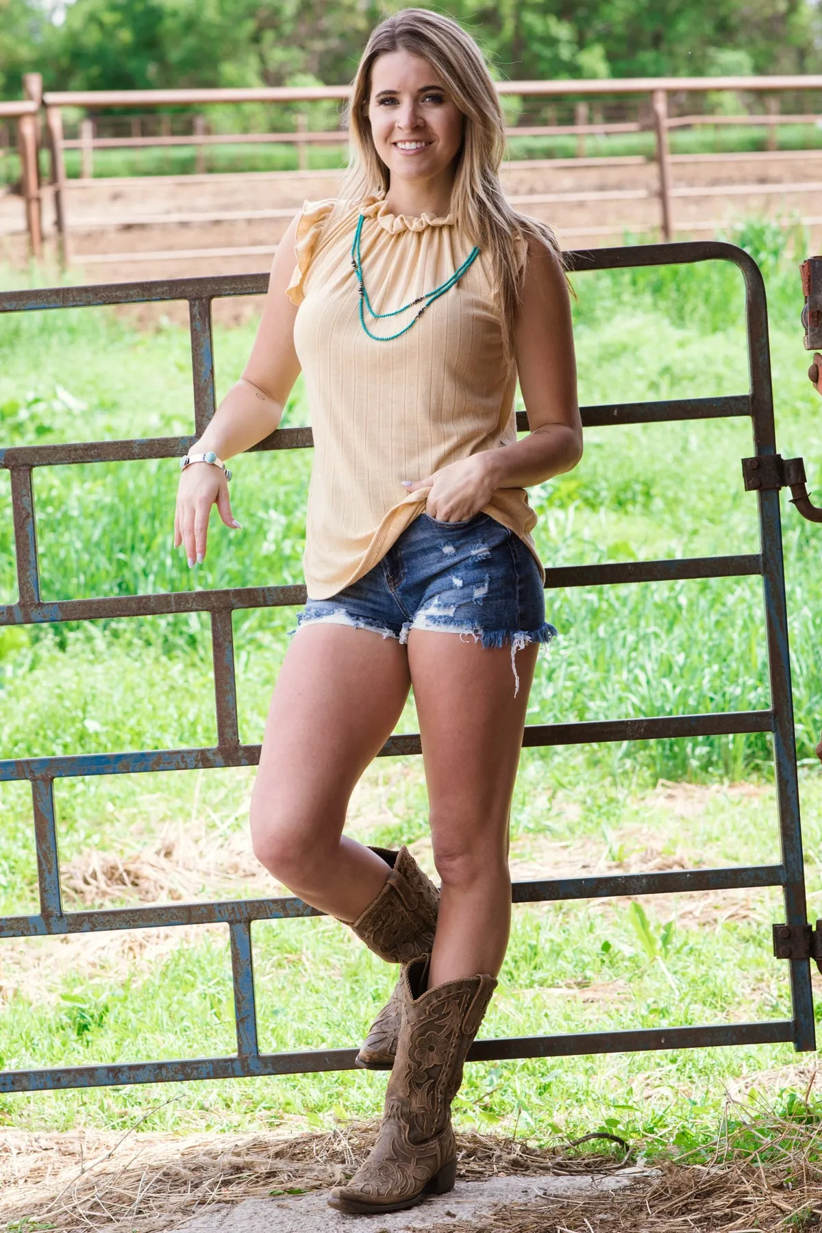 Light Mustard Rib Knit Ruffle Sleeveless Top