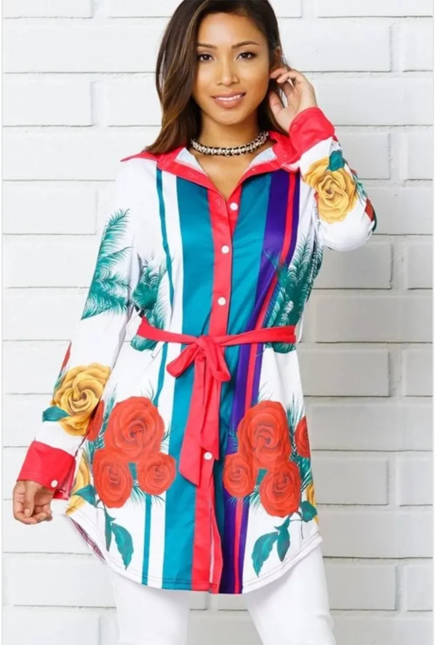 Lilyanna White Multi Color Floral Button Down Stretch Top Curvy Posh Plus