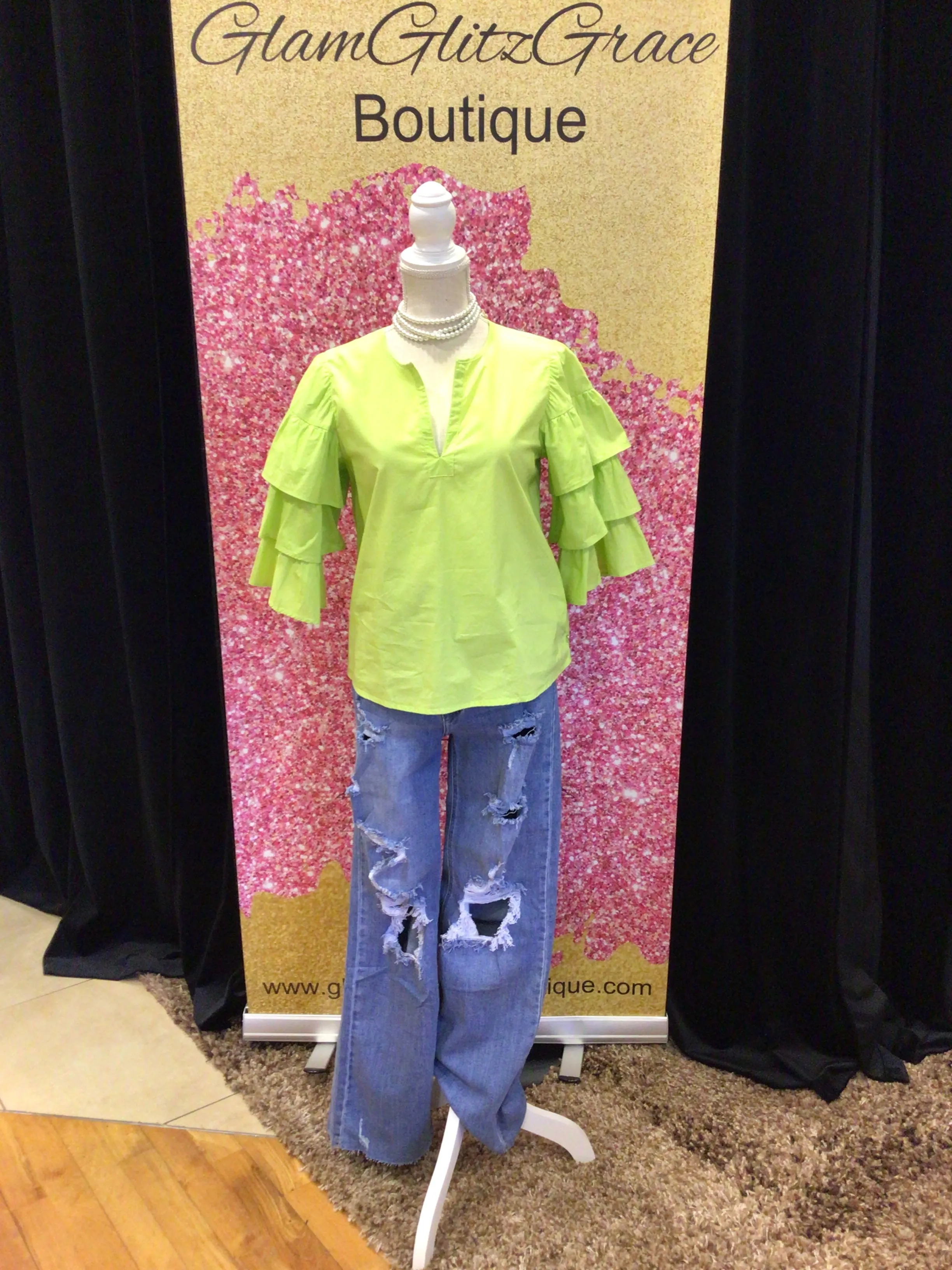 Lime Green Ruffled Sleeves V neck Top