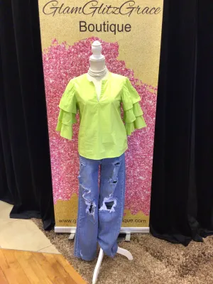 Lime Green Ruffled Sleeves V neck Top