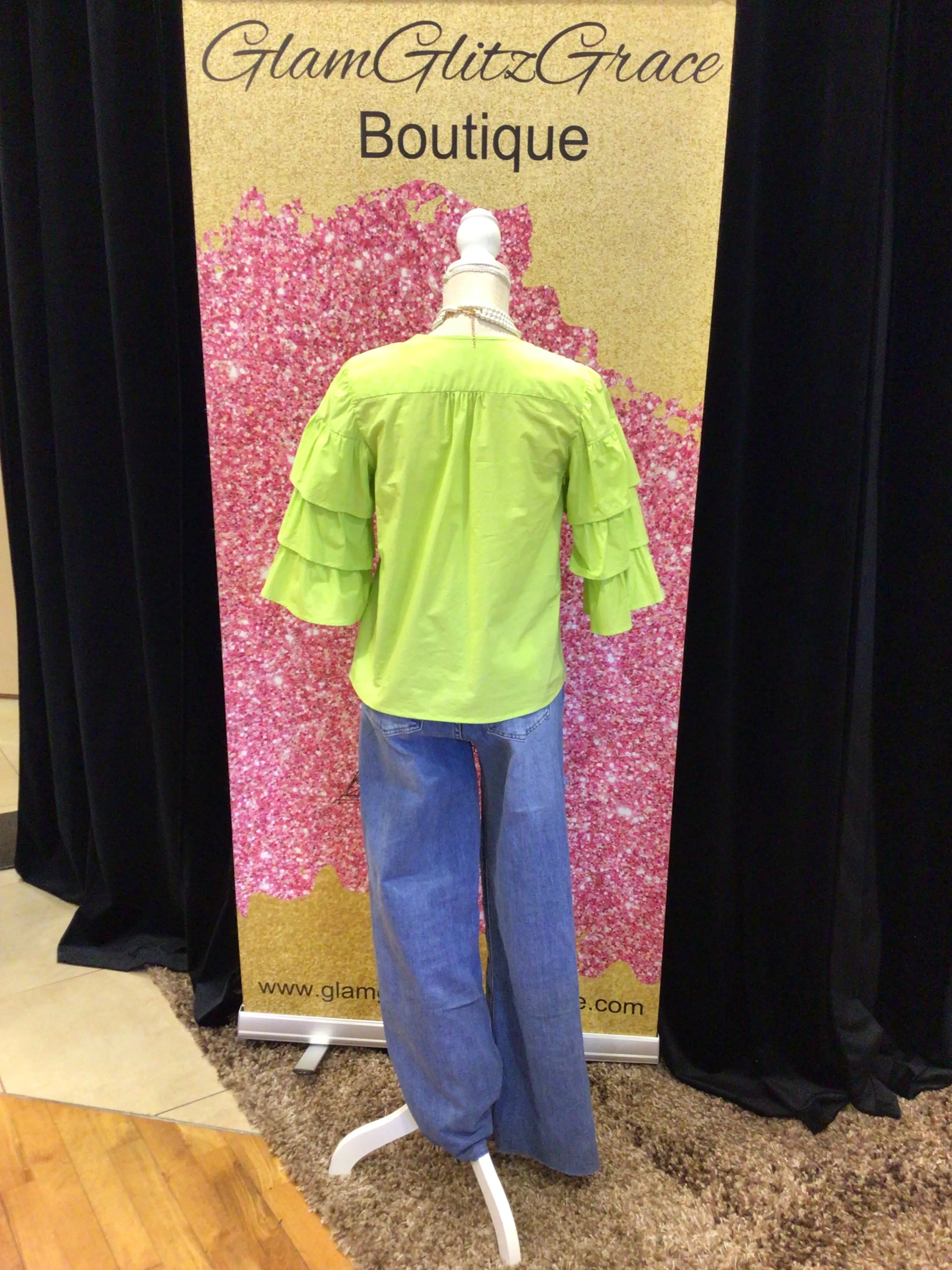 Lime Green Ruffled Sleeves V neck Top
