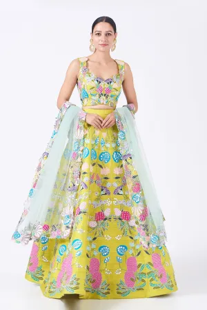 Lime Pastiche Raw Silk Appliquéd And Embellished Lehenga With Blouse And Cutwork Dupatta