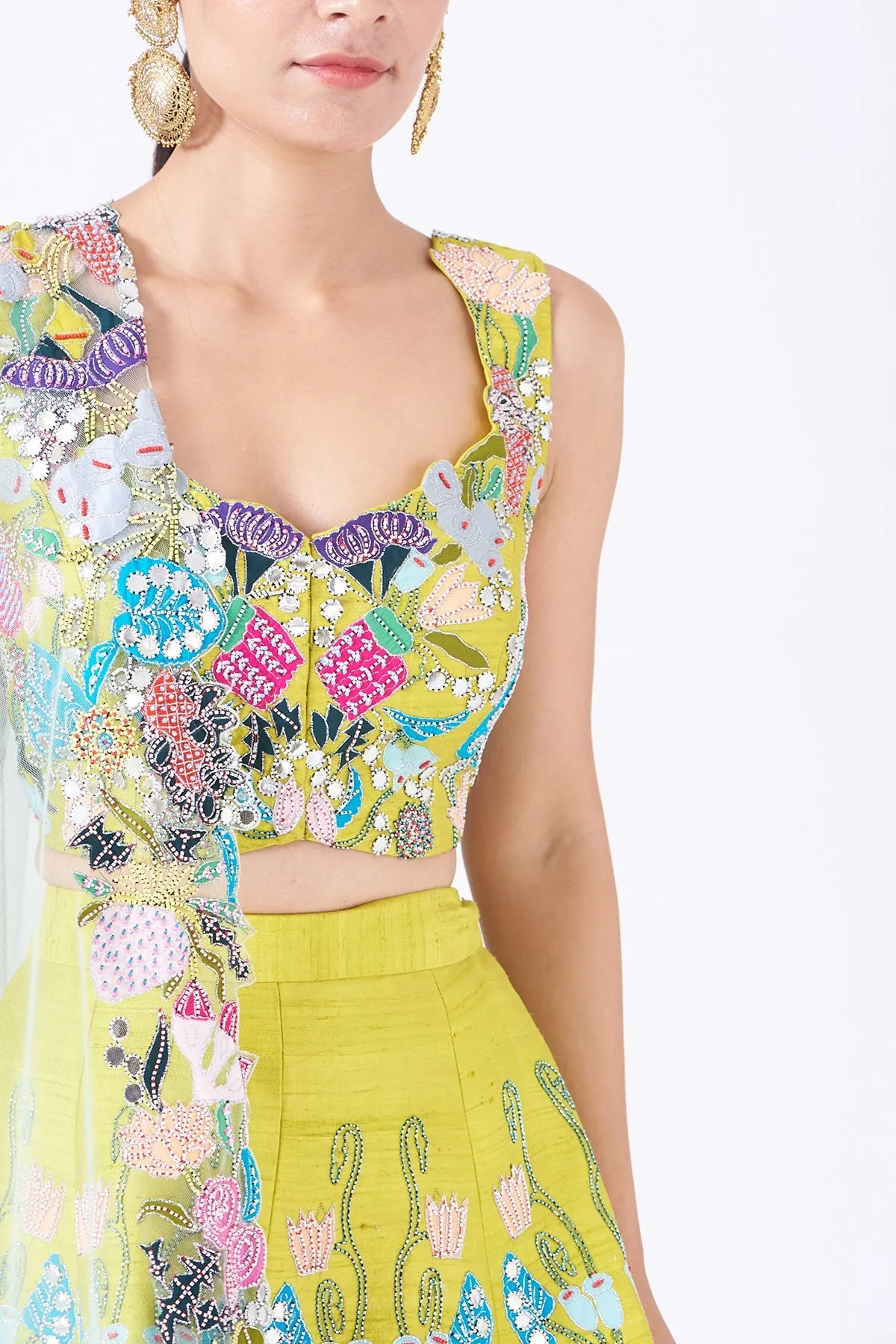 Lime Pastiche Raw Silk Appliquéd And Embellished Lehenga With Blouse And Cutwork Dupatta