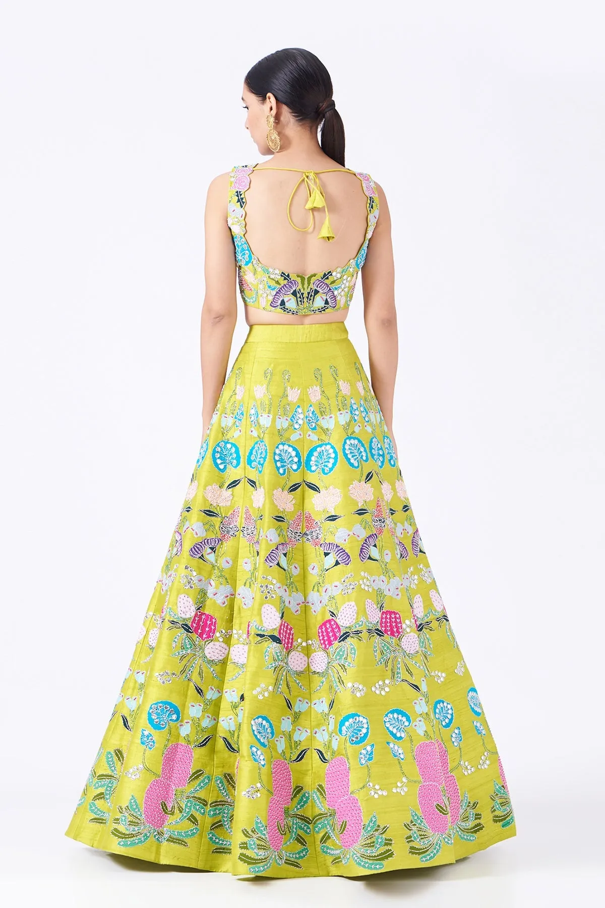 Lime Pastiche Raw Silk Appliquéd And Embellished Lehenga With Blouse And Cutwork Dupatta