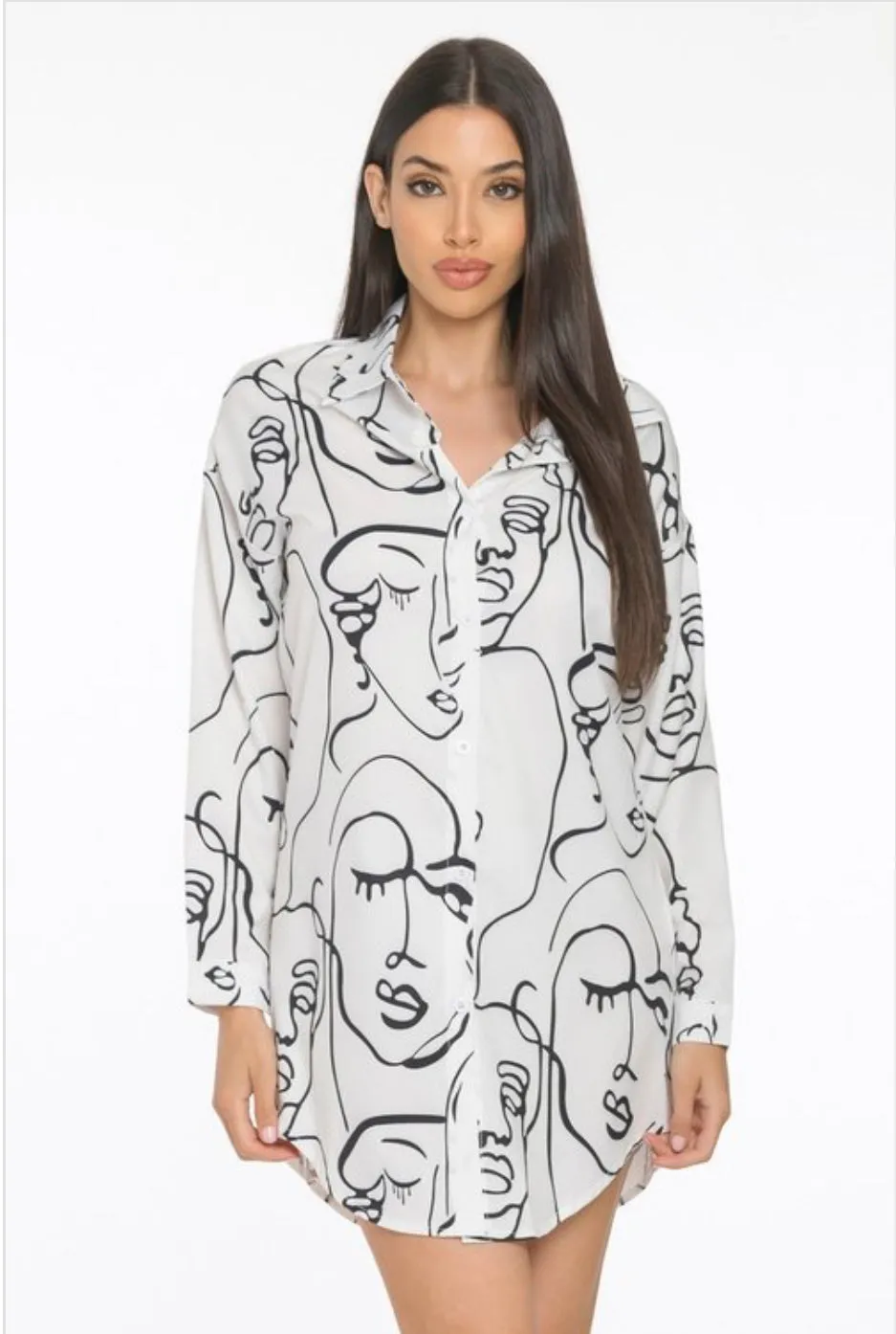 Long Sleeve Button Down Shirt Face Print