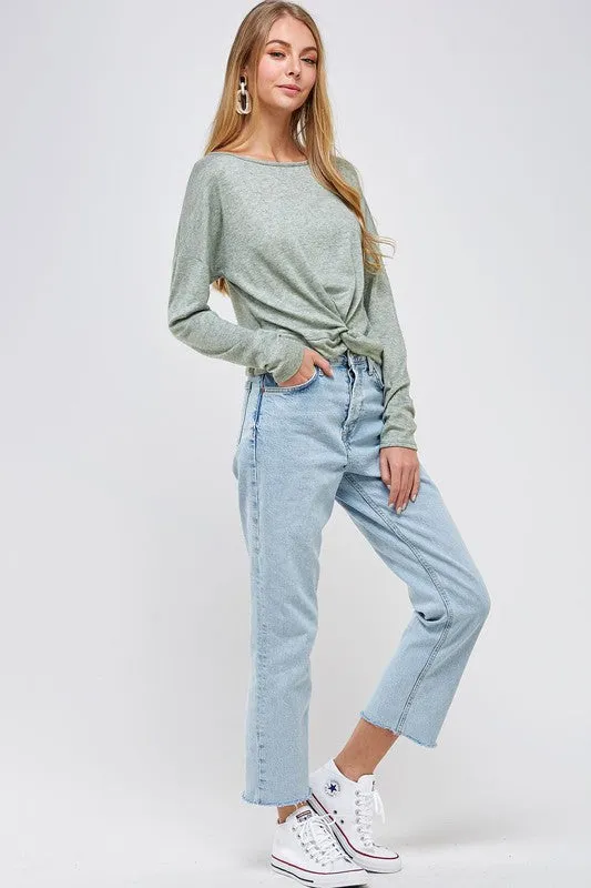 Long Sleeve Front Knot Top - Sage