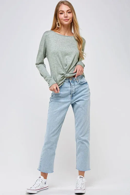 Long Sleeve Front Knot Top - Sage
