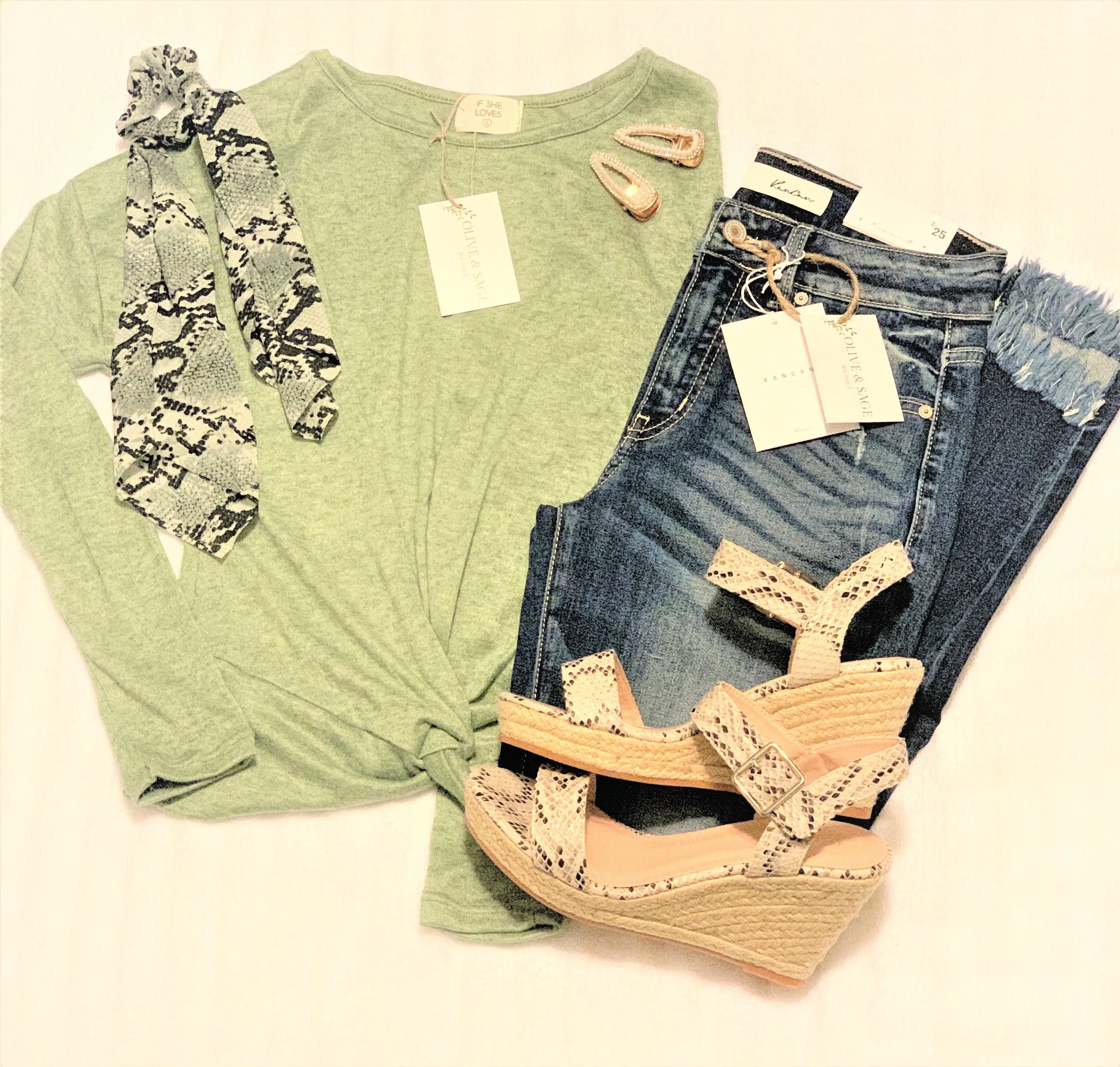 Long Sleeve Front Knot Top - Sage