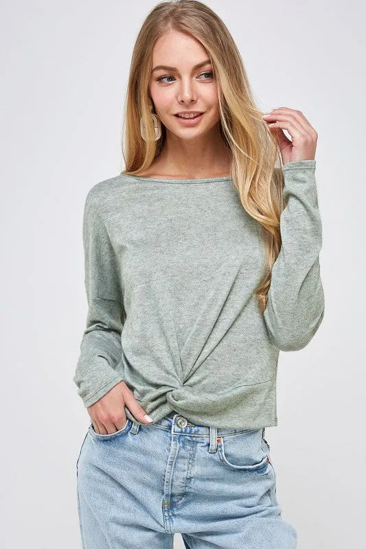 Long Sleeve Front Knot Top - Sage
