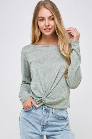Long Sleeve Front Knot Top - Sage