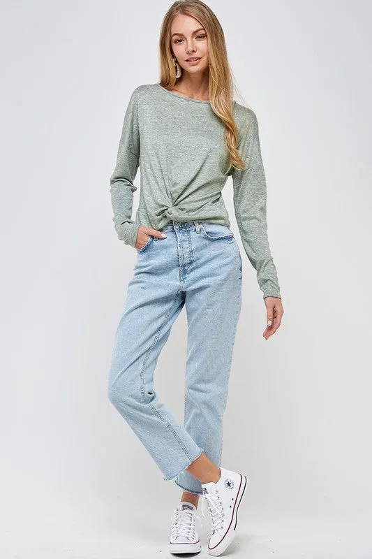 Long Sleeve Front Knot Top - Sage