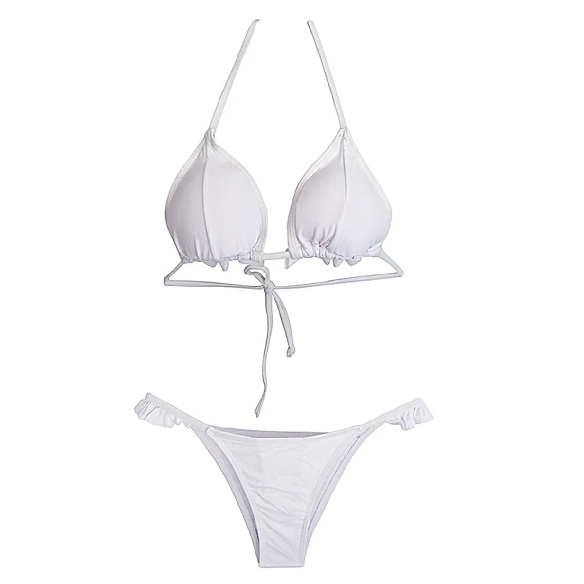 Lovely Plain Strappy Ruffled Embellished Bikini