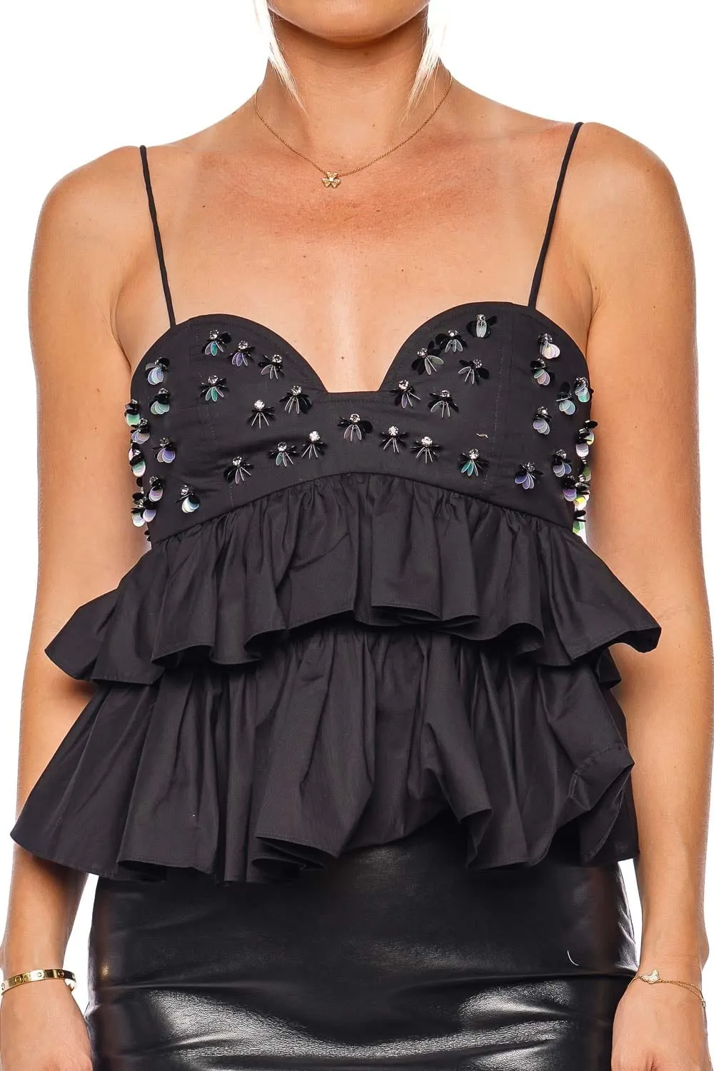 Lucia Noir Beaded Sweetheart Ruffled Top