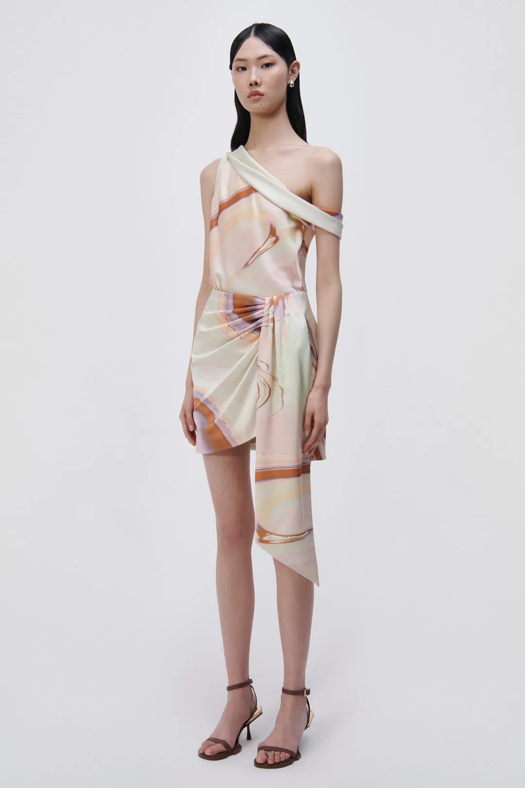 Mae Marble Printed Satin Draped Mini Skirt - Seafoam Marble Print