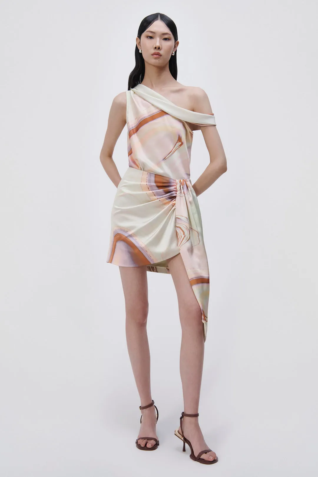 Mae Marble Printed Satin Draped Mini Skirt - Seafoam Marble Print
