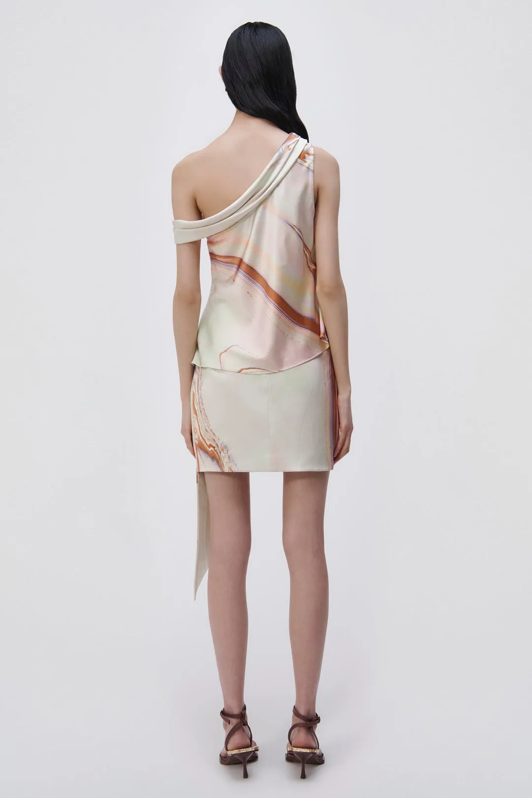 Mae Marble Printed Satin Draped Mini Skirt - Seafoam Marble Print