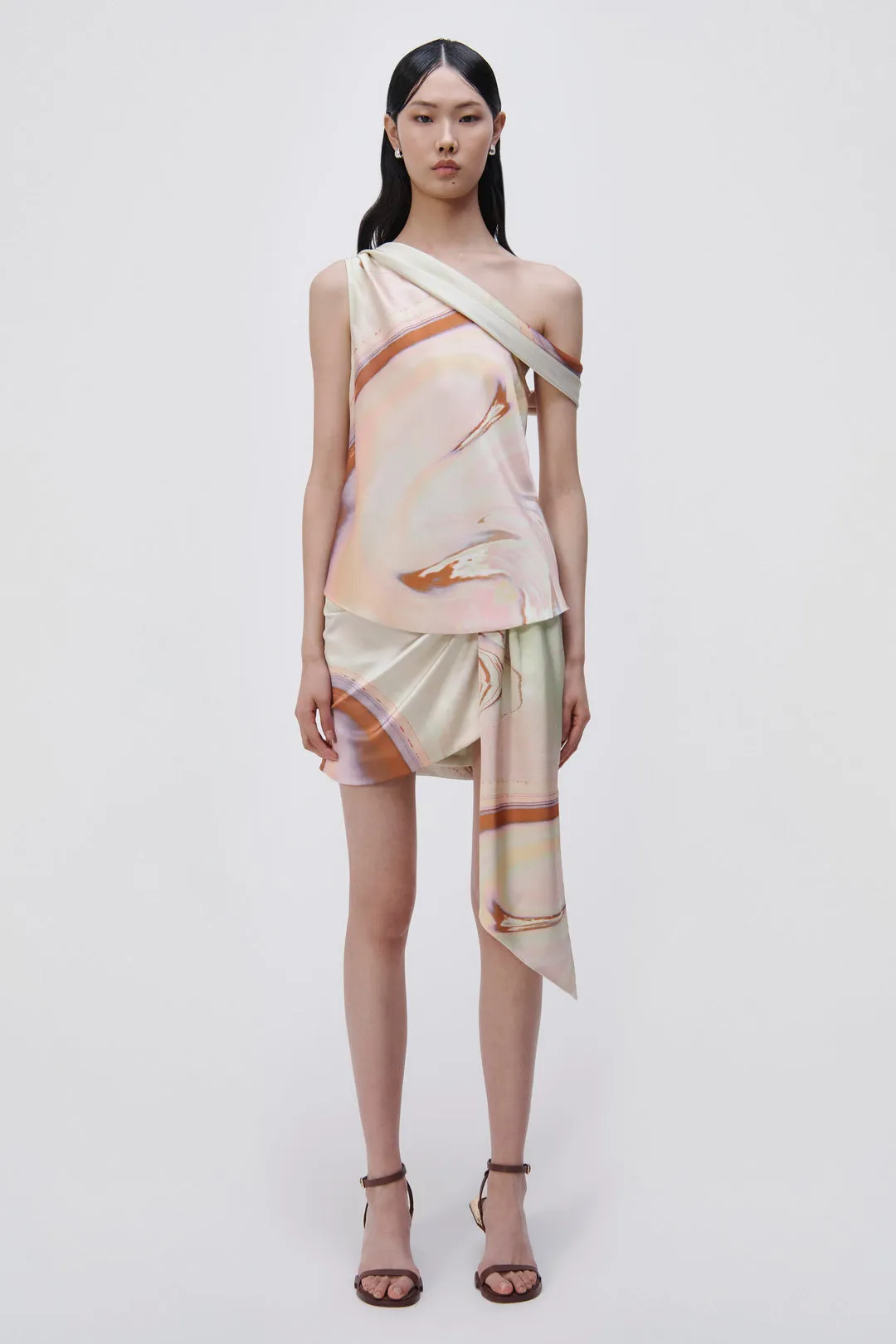 Mae Marble Printed Satin Draped Mini Skirt - Seafoam Marble Print