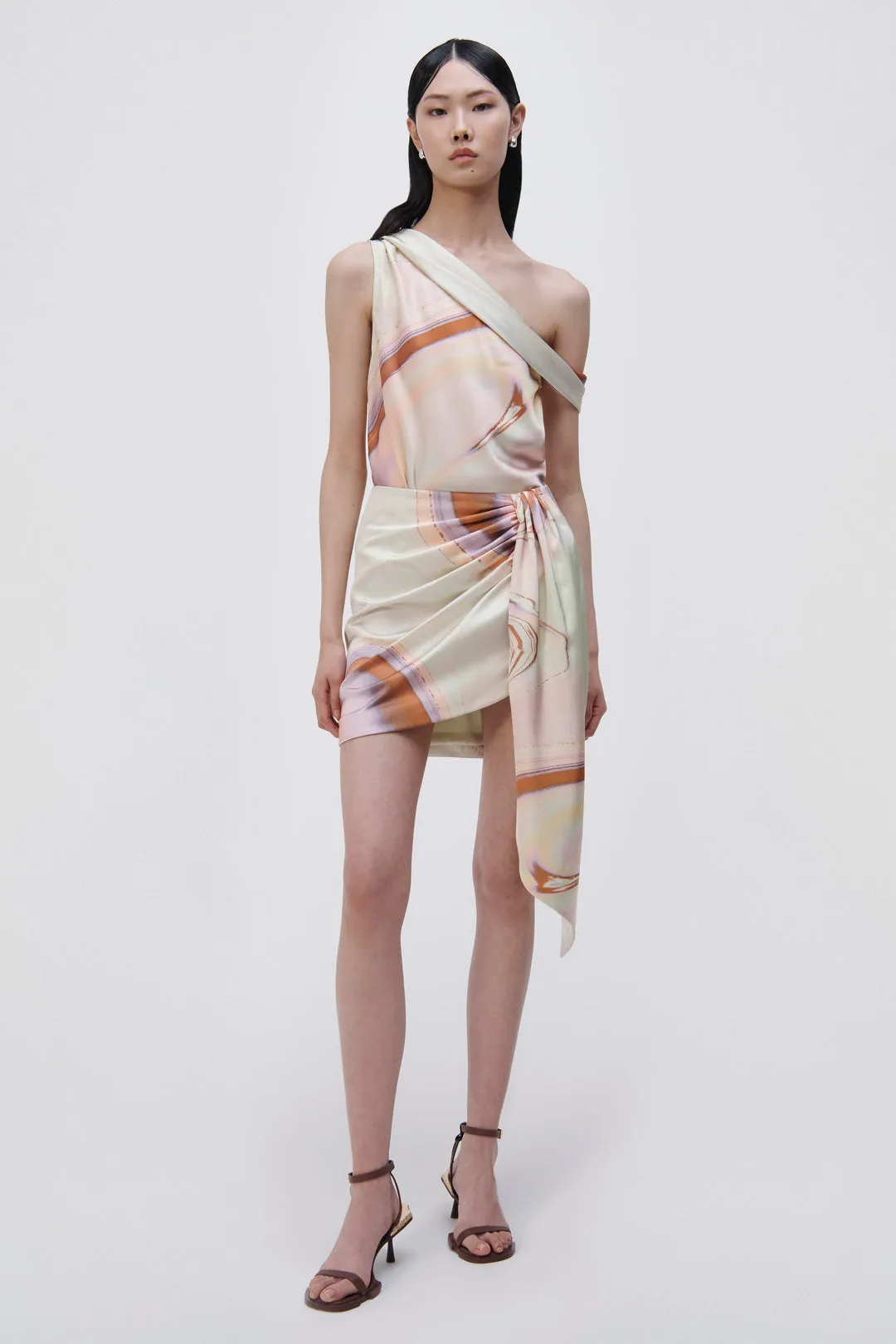 Mae Marble Printed Satin Draped Mini Skirt - Seafoam Marble Print