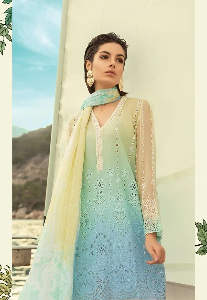 Maria b. Summer 2019 Cotton-Lawn Yellow-Blue Embroidery Suit