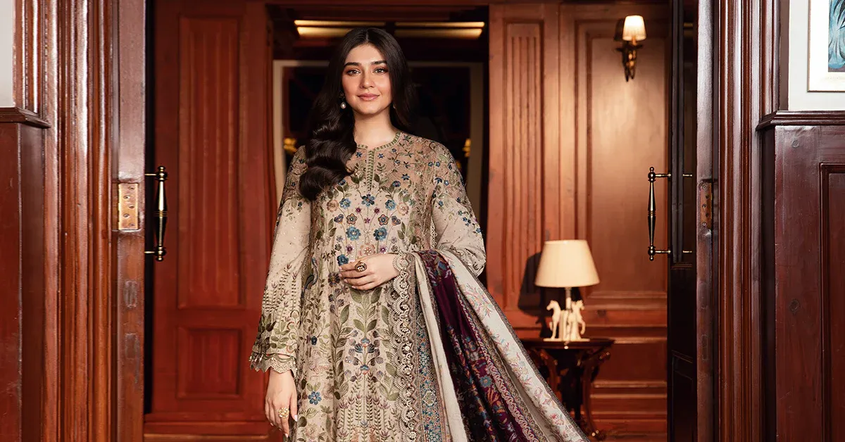 Maria.B Winter Luxe 3 Piece Unstitched Embroidered Marina Suit DL-1211 With Pashmina Woven Shawl