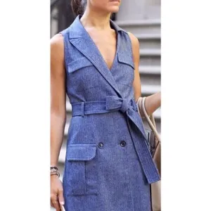 Marissa Webb Herringbone Blue Sleeveless Blazer Dress Double Breast Belted Large
