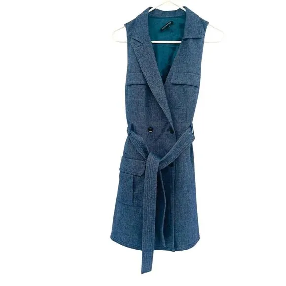 Marissa Webb Herringbone Blue Sleeveless Blazer Dress Double Breast Belted Large