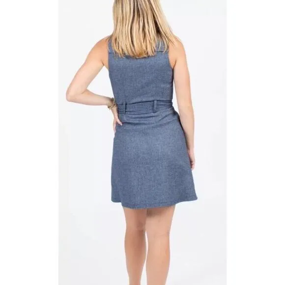 Marissa Webb Herringbone Blue Sleeveless Blazer Dress Double Breast Belted Large