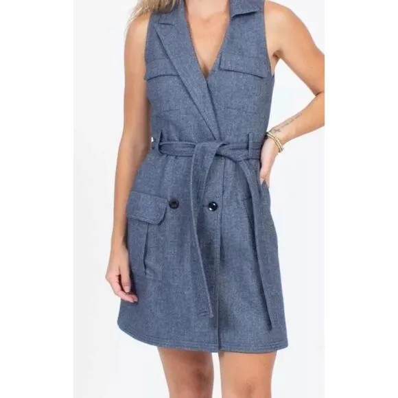 Marissa Webb Herringbone Blue Sleeveless Blazer Dress Double Breast Belted Large