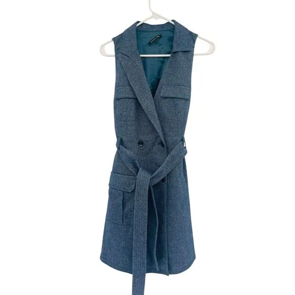 Marissa Webb Herringbone Blue Sleeveless Blazer Dress Double Breast Belted Large