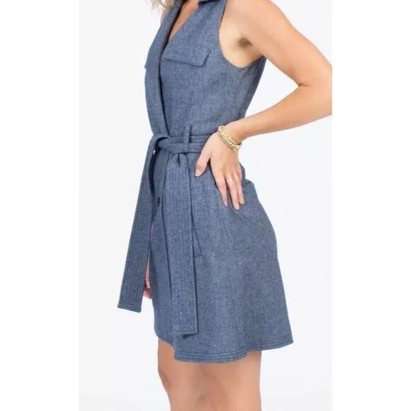 Marissa Webb Herringbone Blue Sleeveless Blazer Dress Double Breast Belted Large