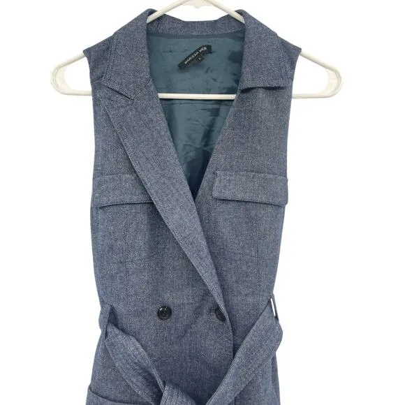 Marissa Webb Herringbone Blue Sleeveless Blazer Dress Double Breast Belted Large