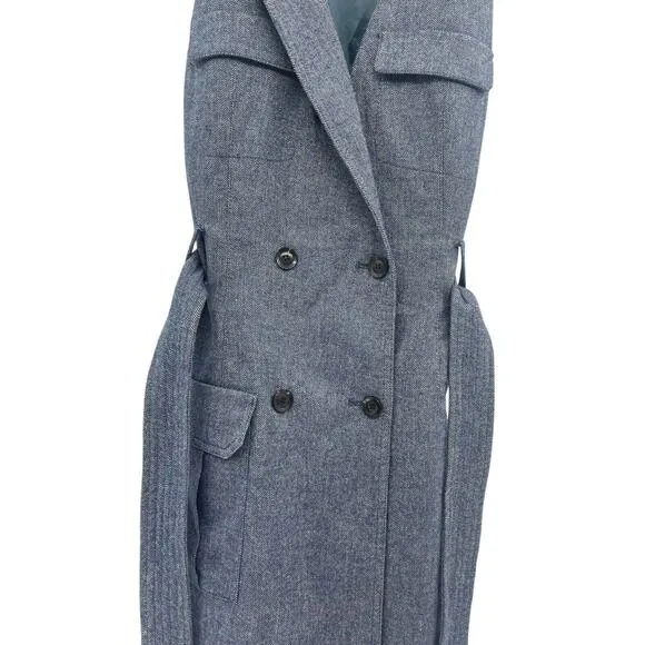 Marissa Webb Herringbone Blue Sleeveless Blazer Dress Double Breast Belted Large