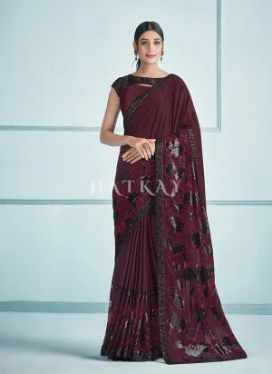 Maroon Black Sequence Embroidered Festive Saree